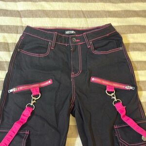 Hot Topic Black & Pink Star Suspender Flare Pants | Size 7 (Junior